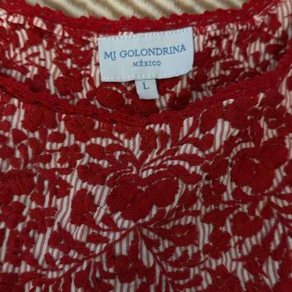 Mi Golondrina Red White Striped Embroidered Flores Large Blouse - Picture 3 of 5